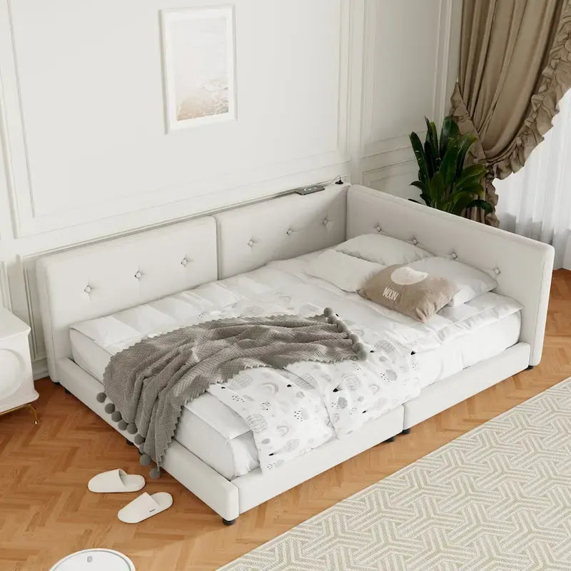 Lit plateforme rembourré Queen Size avec ports USB, sommier non requis, facile à assembler
