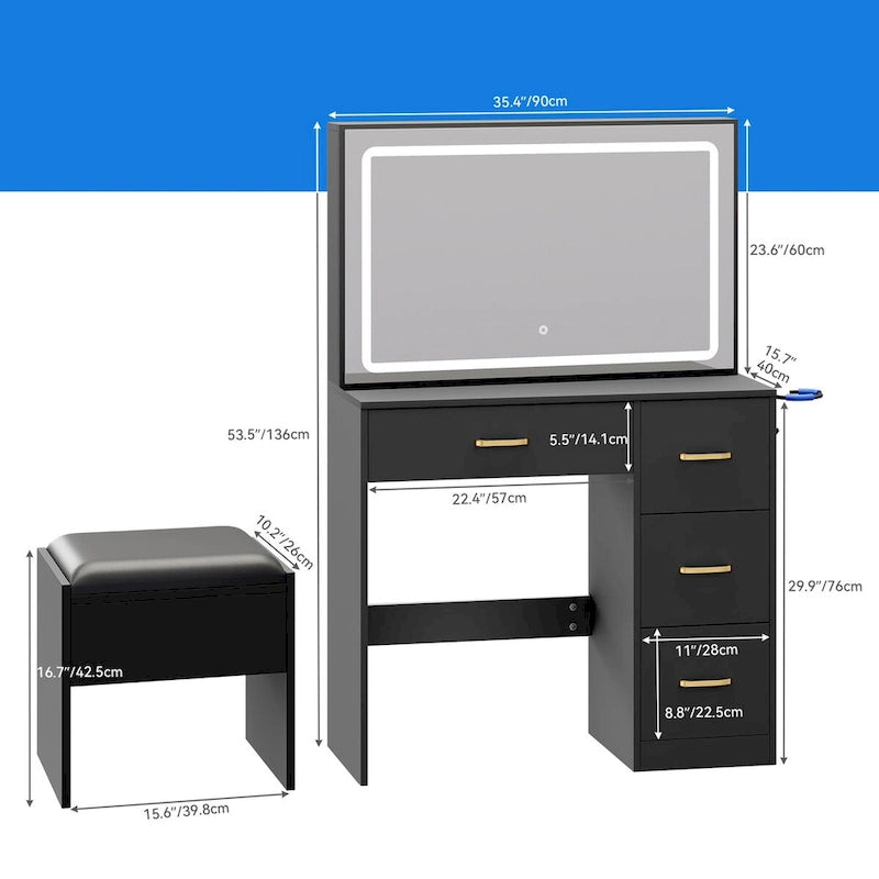 Ensemble coiffeuse Moasis avec éclairage LED, bureau de maquillage et 4 tiroirs - 90 cm (L) x 40 cm (l) x 136 cm (H)