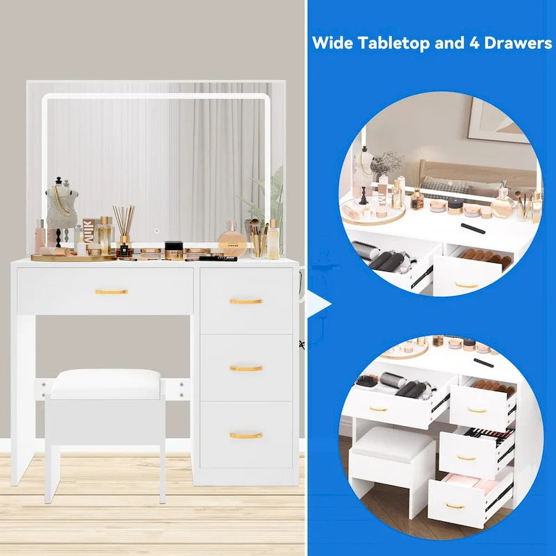Ensemble coiffeuse Moasis avec éclairage LED, bureau de maquillage et 4 tiroirs - 90 cm (L) x 40 cm (l) x 136 cm (H)