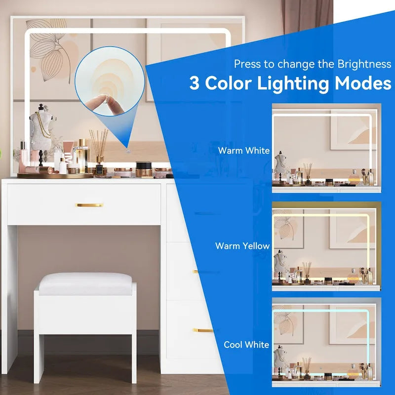 Ensemble coiffeuse Moasis avec éclairage LED, bureau de maquillage et 4 tiroirs - 90 cm (L) x 40 cm (l) x 136 cm (H)