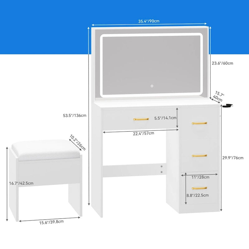 Ensemble coiffeuse Moasis avec éclairage LED, bureau de maquillage et 4 tiroirs - 90 cm (L) x 40 cm (l) x 136 cm (H)