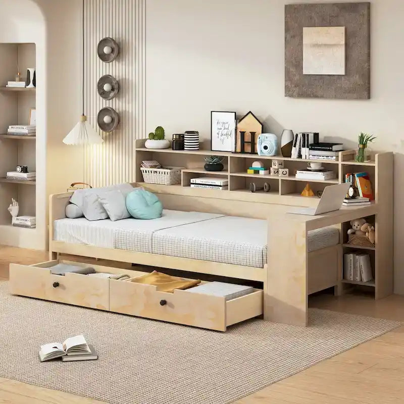 Lit de jour multifonctionnel en bois avec étagères de rangement, 2 tiroirs de rangement et bureau