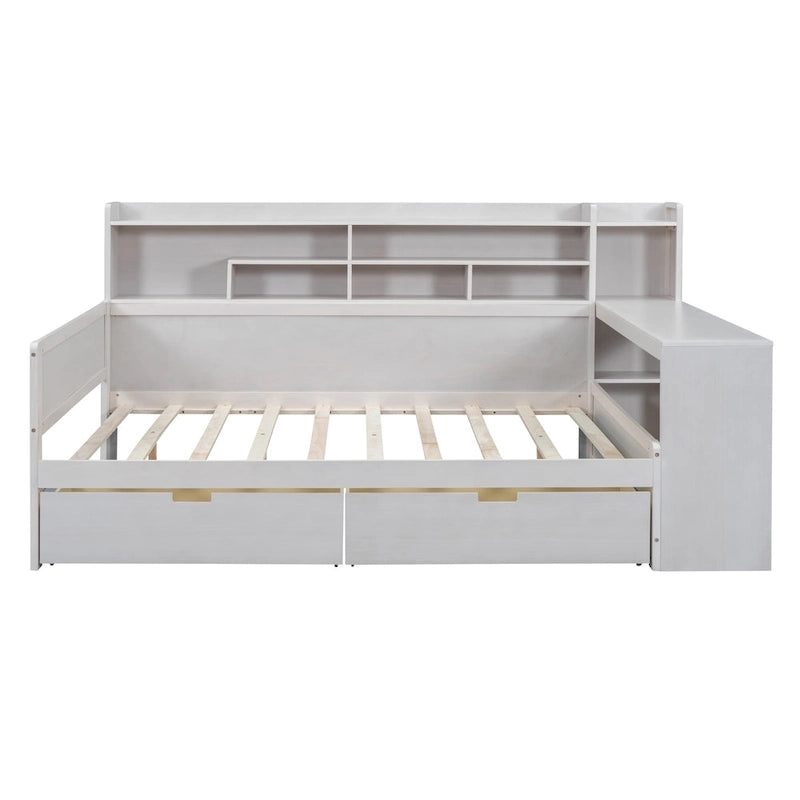 Lit de jour multifonctionnel en bois avec étagères de rangement, 2 tiroirs de rangement et bureau