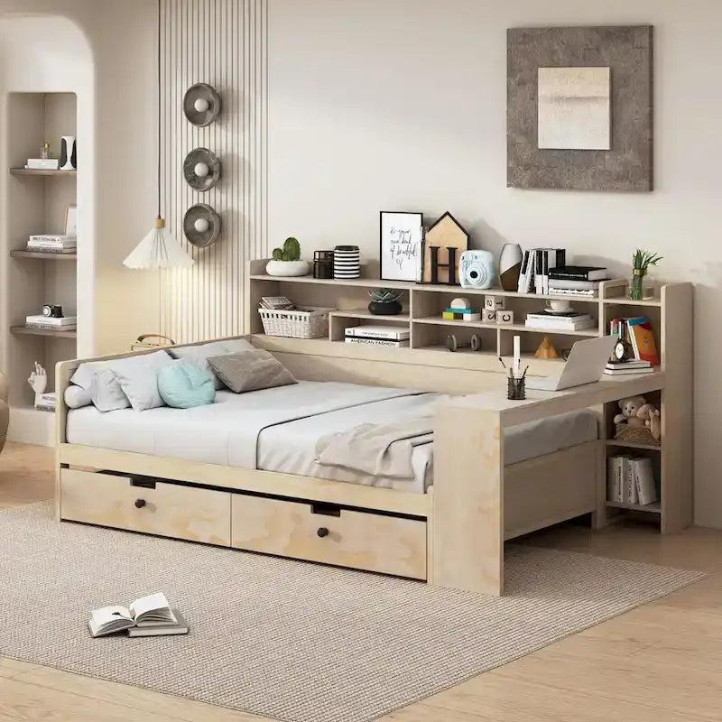 Lit de jour multifonctionnel en bois avec étagères de rangement, 2 tiroirs de rangement et bureau