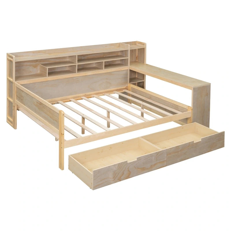 Lit de jour multifonctionnel en bois avec étagères de rangement, 2 tiroirs de rangement et bureau