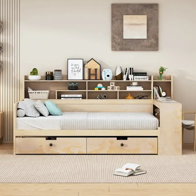 Lit de jour multifonctionnel en bois avec étagères de rangement, 2 tiroirs de rangement et bureau