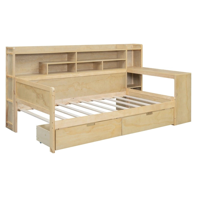 Lit de jour multifonctionnel en bois avec étagères de rangement, 2 tiroirs de rangement et bureau