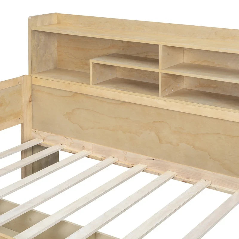 Lit de jour multifonctionnel en bois avec étagères de rangement, 2 tiroirs de rangement et bureau