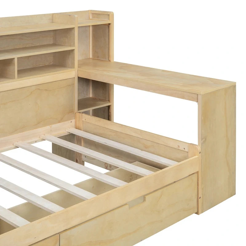 Lit de jour multifonctionnel en bois avec étagères de rangement, 2 tiroirs de rangement et bureau