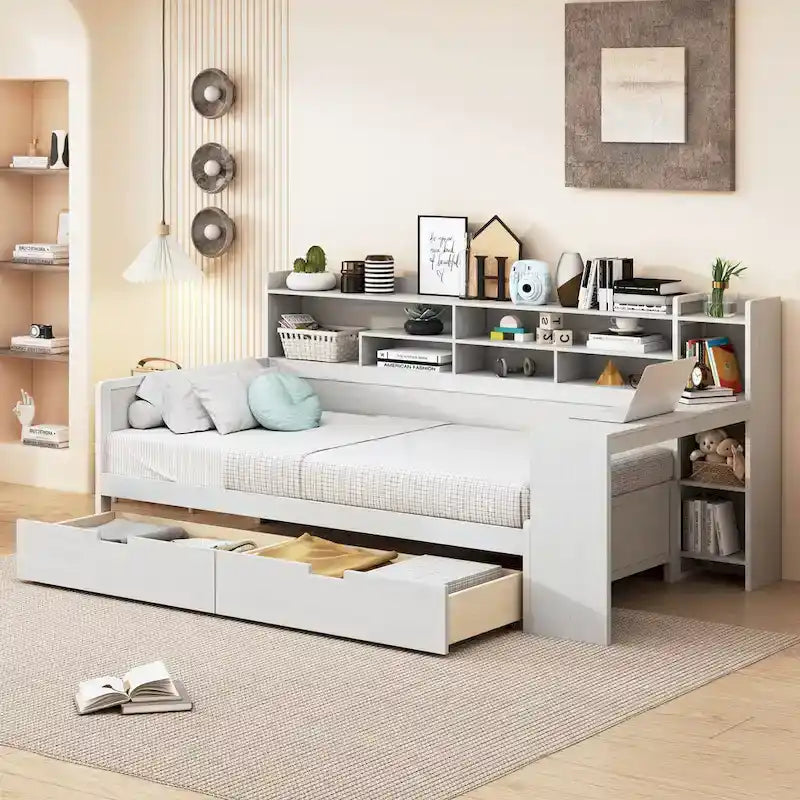 Lit de jour multifonctionnel en bois avec étagères de rangement, 2 tiroirs de rangement et bureau