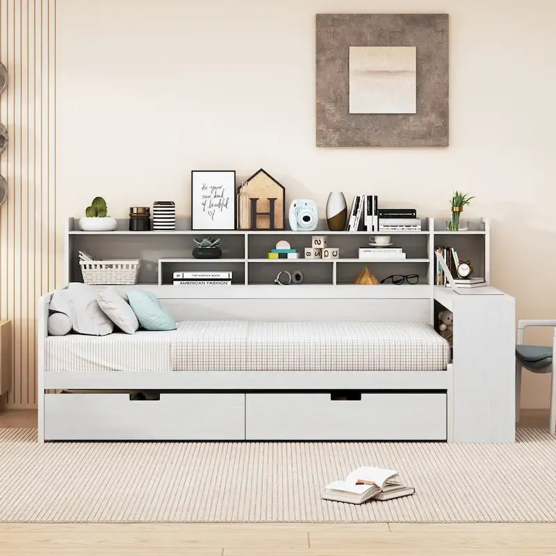 Lit de jour multifonctionnel en bois avec étagères de rangement, 2 tiroirs de rangement et bureau