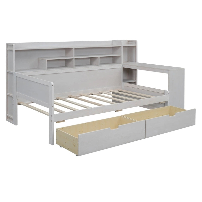 Lit de jour multifonctionnel en bois avec étagères de rangement, 2 tiroirs de rangement et bureau