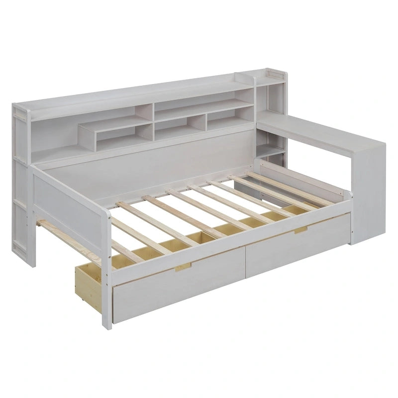 Lit de jour multifonctionnel en bois avec étagères de rangement, 2 tiroirs de rangement et bureau