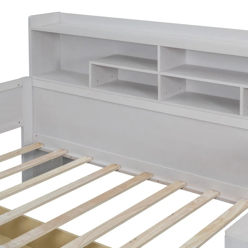 Lit de jour multifonctionnel en bois avec étagères de rangement, 2 tiroirs de rangement et bureau
