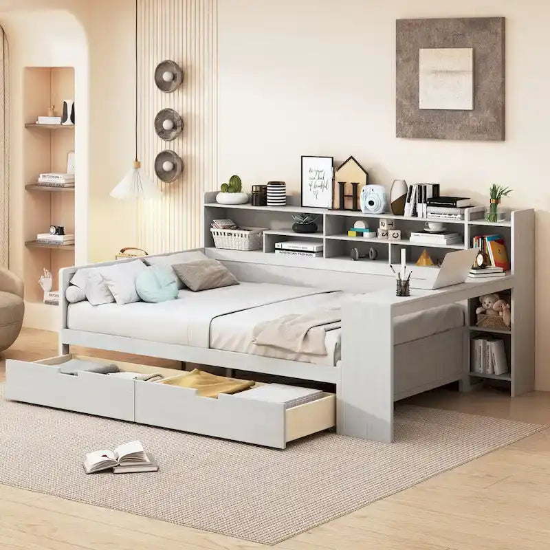 Lit de jour multifonctionnel en bois avec étagères de rangement, 2 tiroirs de rangement et bureau