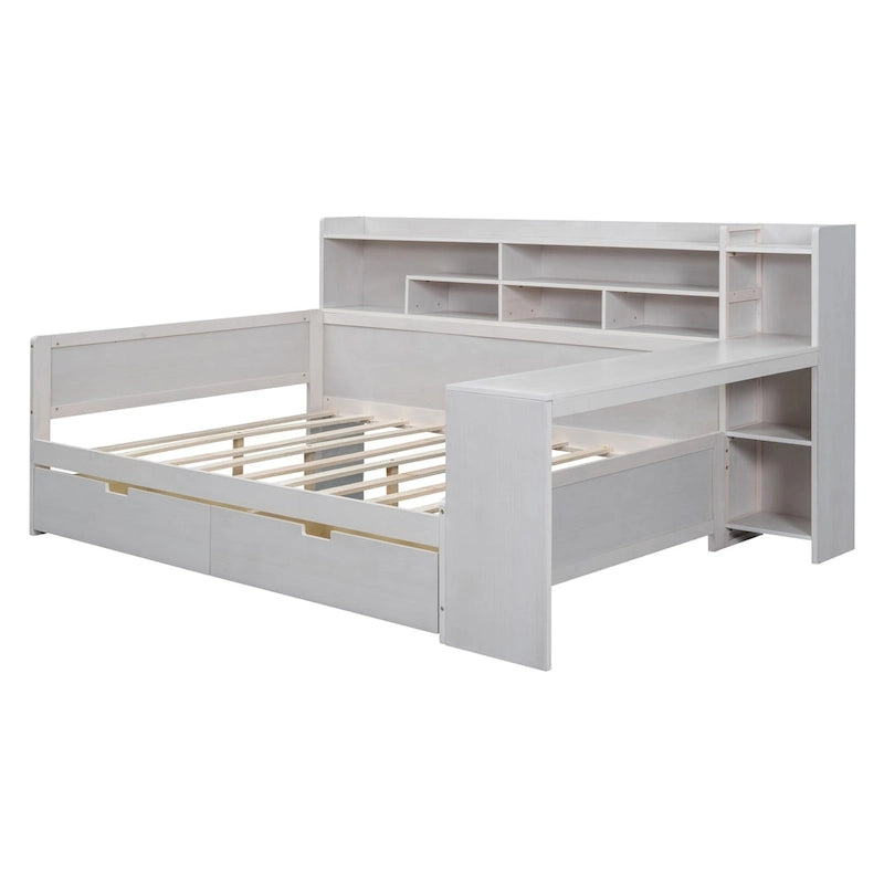 Lit de jour multifonctionnel en bois avec étagères de rangement, 2 tiroirs de rangement et bureau