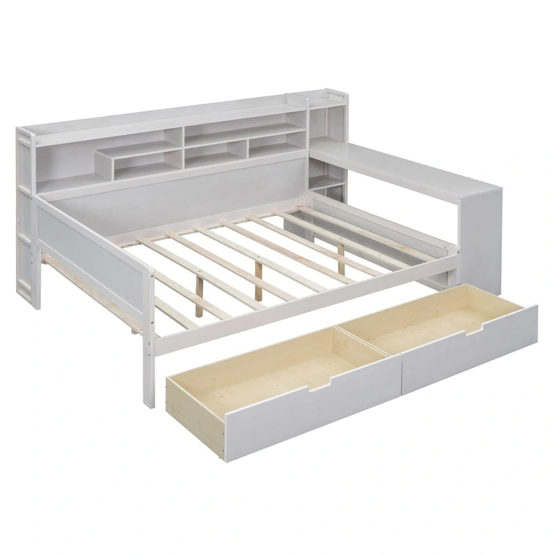Lit de jour multifonctionnel en bois avec étagères de rangement, 2 tiroirs de rangement et bureau