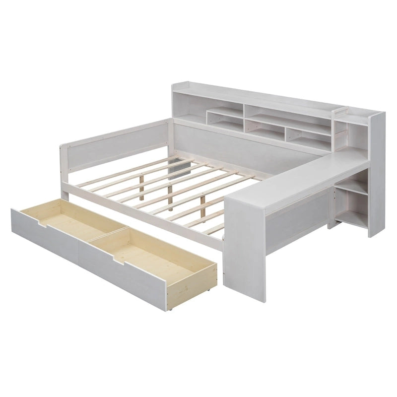 Lit de jour multifonctionnel en bois avec étagères de rangement, 2 tiroirs de rangement et bureau