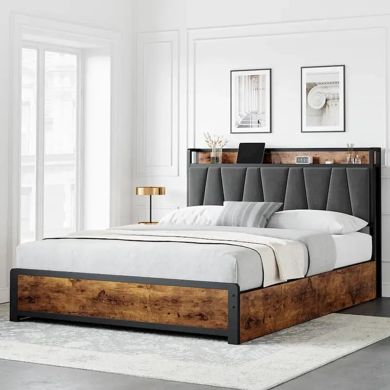 Cadre de lit avec 4 tiroirs de rangement et tête de lit rembourrée en lin