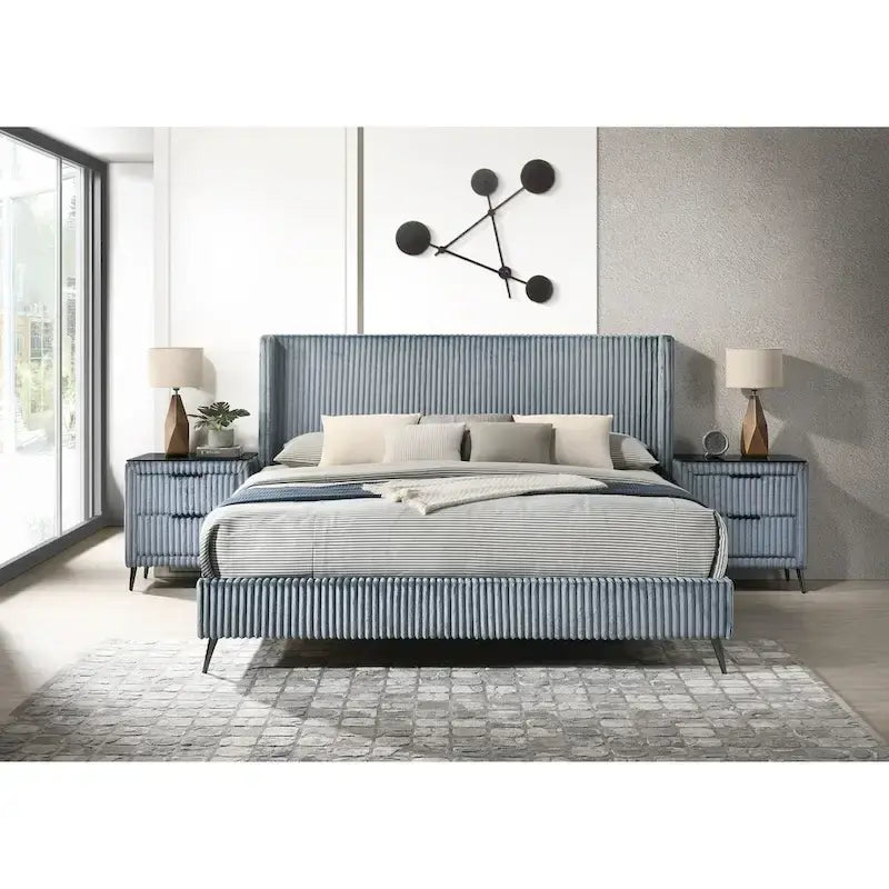 Roundhill Furniture Mavela Wide Wale Corduroy Upholstery Bed with 2 Nightstands, Blue