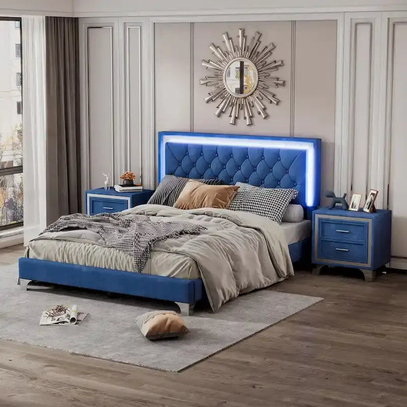 Ensembles de chambre à coucher 3 pièces comprenant un lit plateforme rembourré de taille queen et deux tables de chevet
