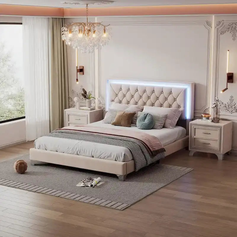 Ensembles de chambre à coucher 3 pièces comprenant un lit plateforme rembourré de taille queen et deux tables de chevet