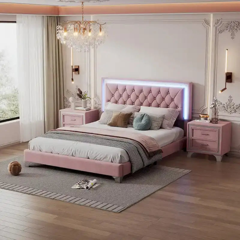 Ensembles de chambre à coucher 3 pièces comprenant un lit plateforme rembourré de taille queen et deux tables de chevet
