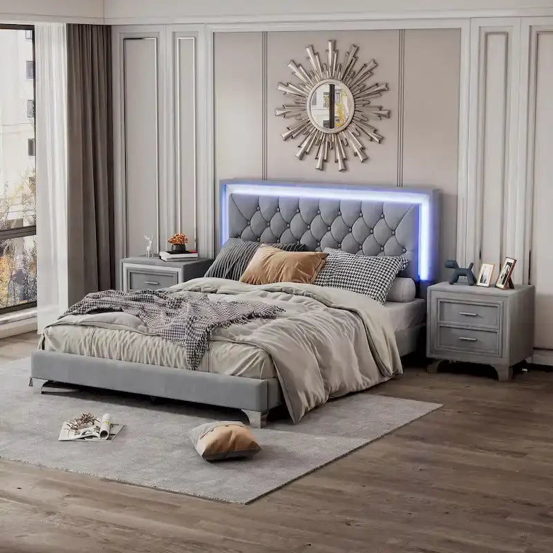 Ensembles de chambre à coucher 3 pièces comprenant un lit plateforme rembourré de taille queen et deux tables de chevet