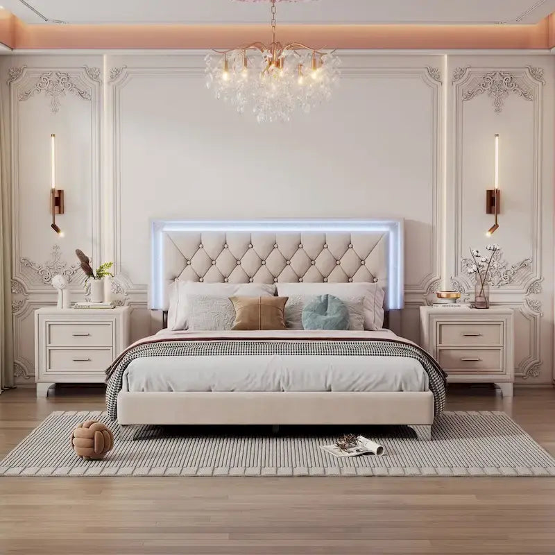 Ensembles de chambre à coucher 3 pièces comprenant un lit plateforme rembourré de taille queen et deux tables de chevet