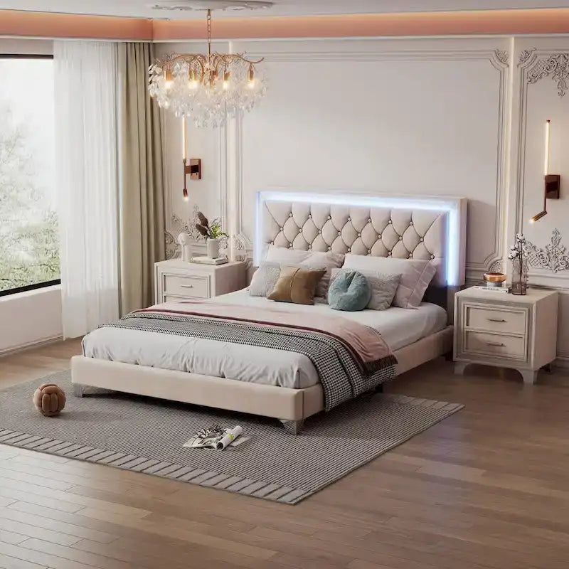 Ensembles de chambre à coucher 3 pièces comprenant un lit plateforme rembourré de taille queen et deux tables de chevet