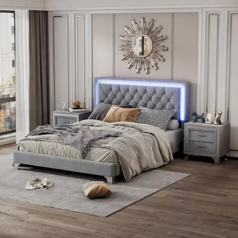 Ensembles de chambre à coucher 3 pièces comprenant un lit plateforme rembourré de taille queen et deux tables de chevet