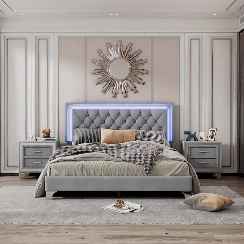 Ensembles de chambre à coucher 3 pièces comprenant un lit plateforme rembourré de taille queen et deux tables de chevet