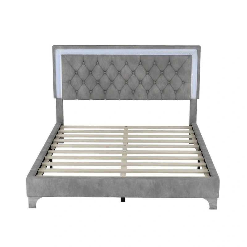 Ensembles de chambre à coucher 3 pièces comprenant un lit plateforme rembourré de taille queen et deux tables de chevet