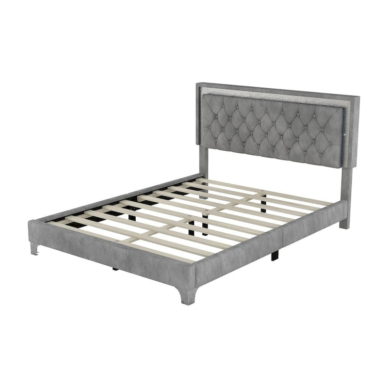 Ensembles de chambre à coucher 3 pièces comprenant un lit plateforme rembourré de taille queen et deux tables de chevet