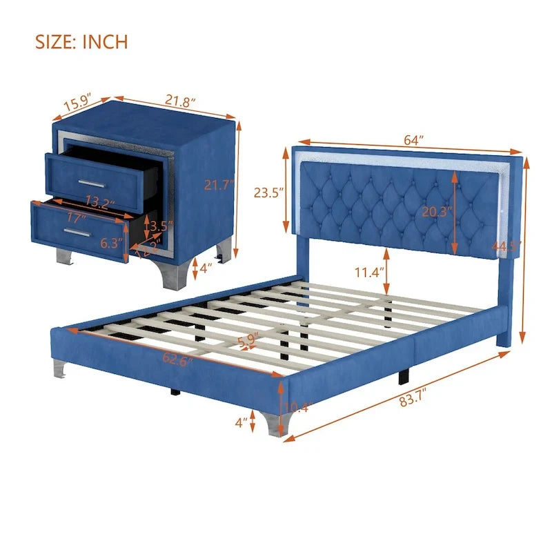 Ensembles de chambre à coucher 3 pièces comprenant un lit plateforme rembourré de taille queen et deux tables de chevet