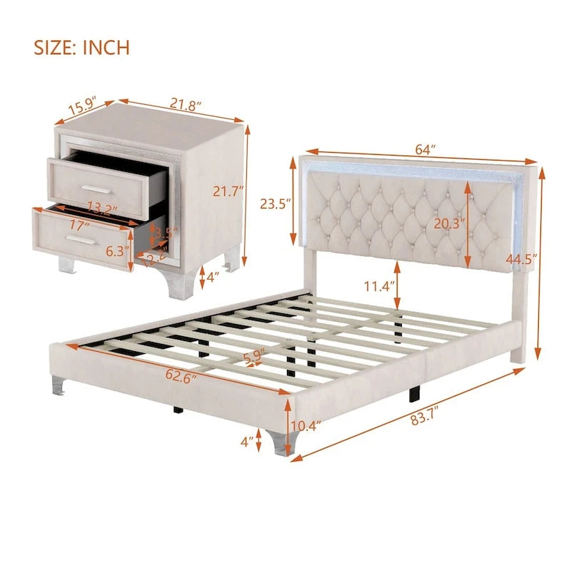 Ensembles de chambre à coucher 3 pièces comprenant un lit plateforme rembourré de taille queen et deux tables de chevet