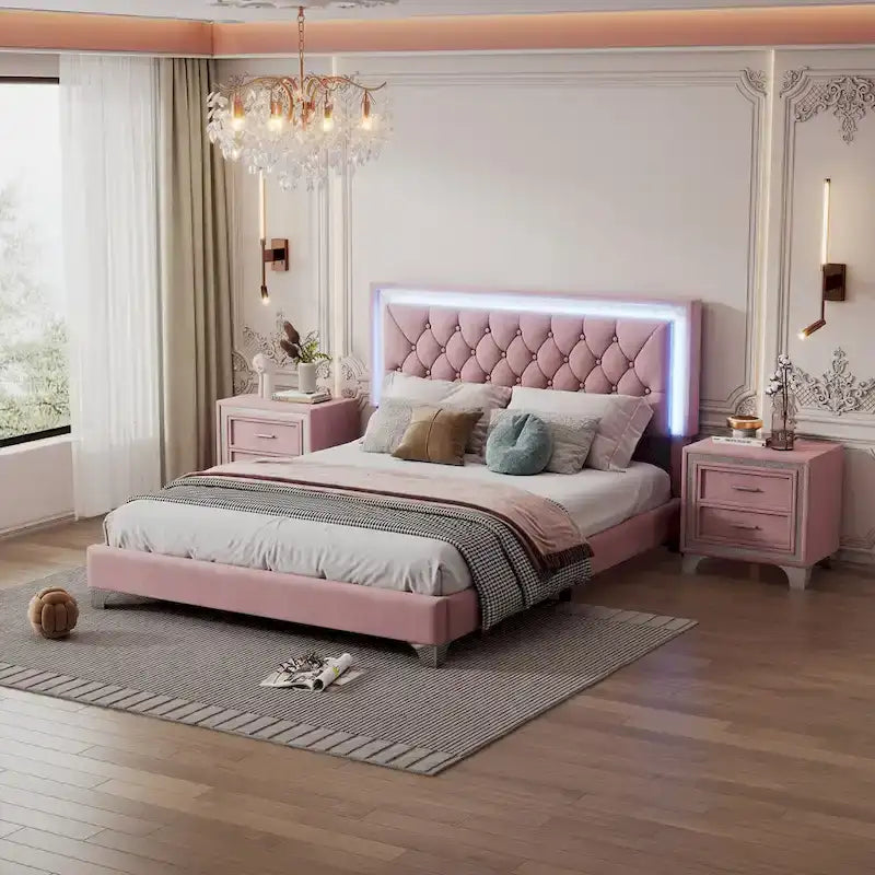 Ensembles de chambre à coucher 3 pièces comprenant un lit plateforme rembourré de taille queen et deux tables de chevet