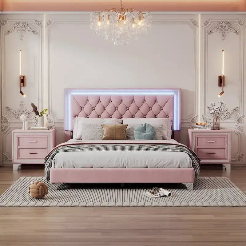 Ensembles de chambre à coucher 3 pièces comprenant un lit plateforme rembourré de taille queen et deux tables de chevet
