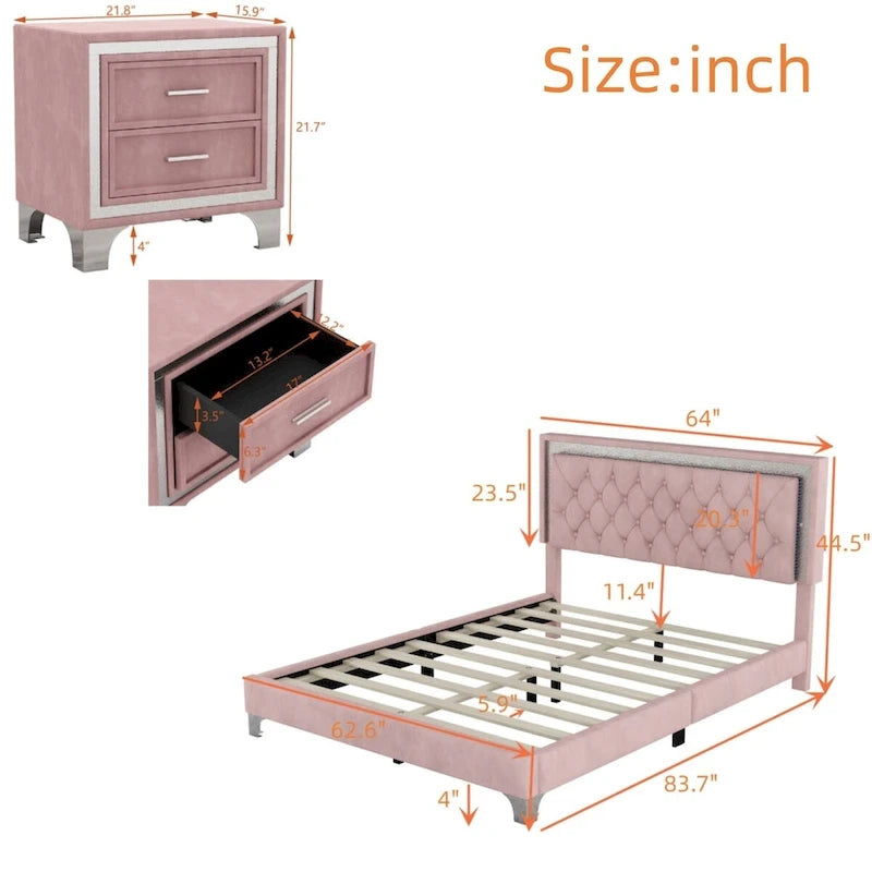 Ensembles de chambre à coucher 3 pièces comprenant un lit plateforme rembourré de taille queen et deux tables de chevet