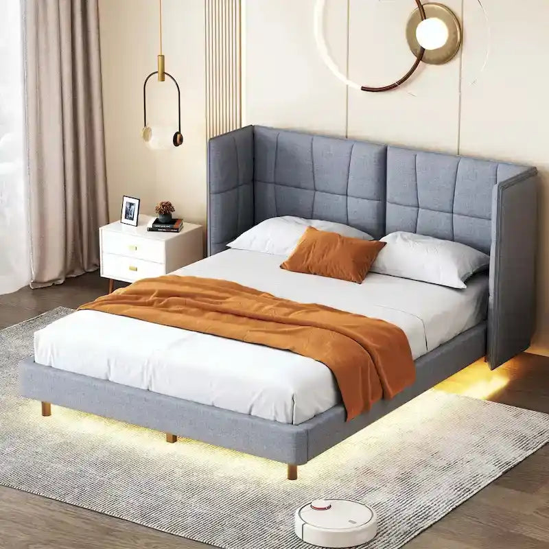 Lit plateforme rembourré avec lumières LED et tête de lit en forme de U