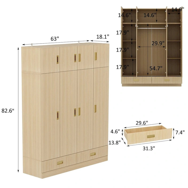 Armoire-penderie avec poignées dorées et meuble haut en option