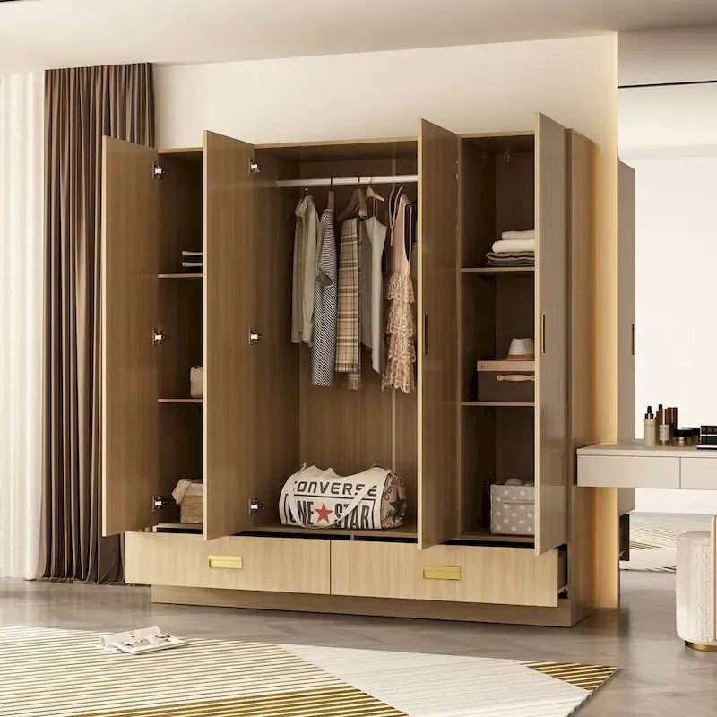 Armoire-penderie avec poignées dorées et meuble haut en option