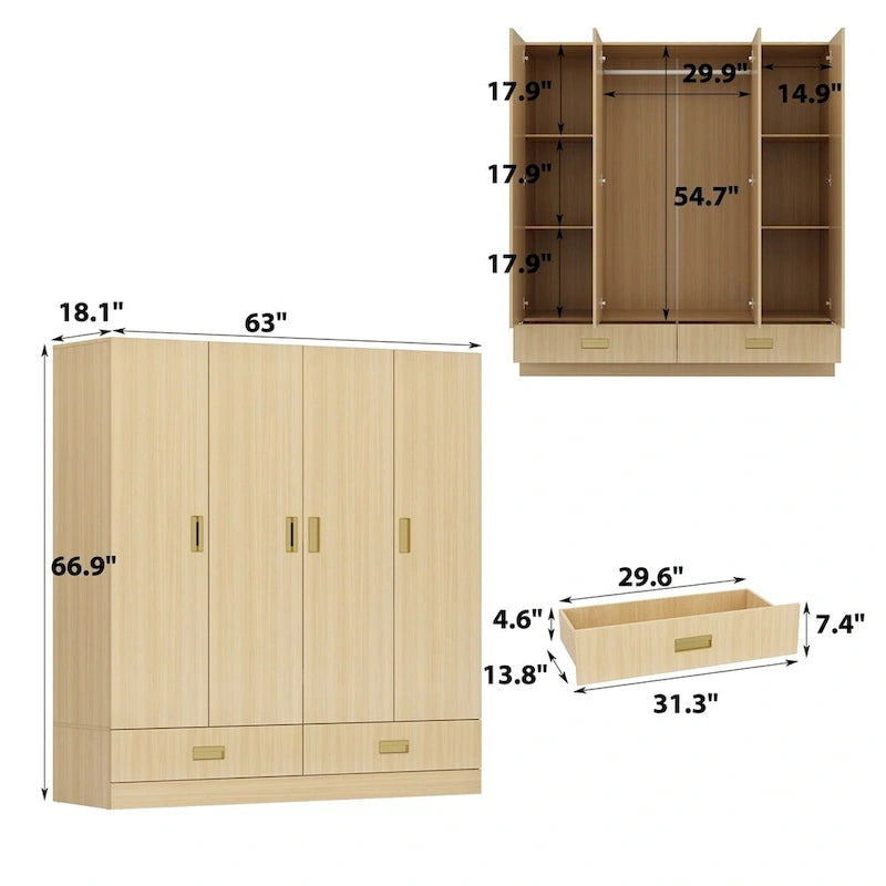 Armoire-penderie avec poignées dorées et meuble haut en option