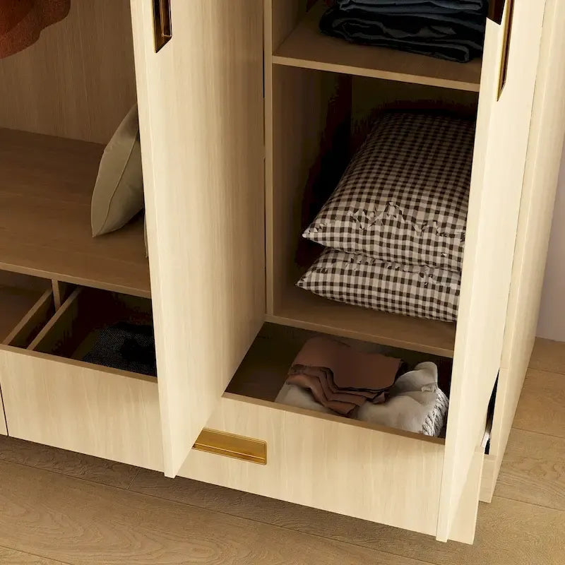 Armoire-penderie avec poignées dorées et meuble haut en option
