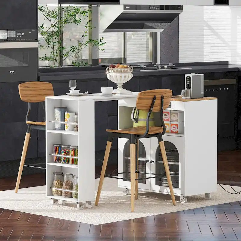 Desserte de cuisine en bois d'hévéa avec abattant, table extensible, 2 portes vitrées cannelées, éclairage LED et prise électrique.