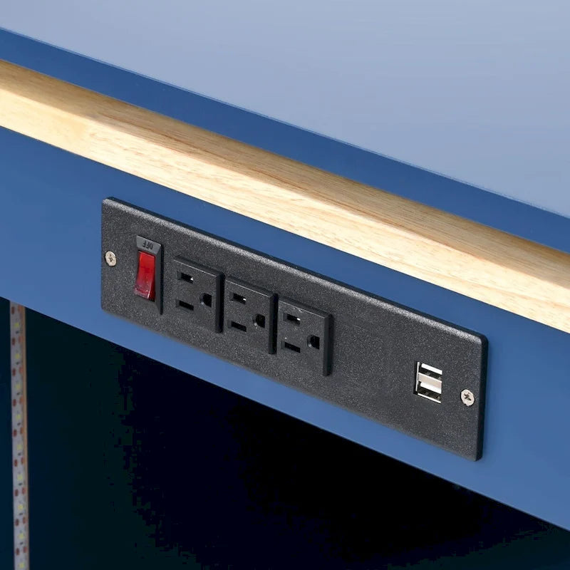 Desserte de cuisine en bois d'hévéa avec abattant, table extensible, 2 portes vitrées cannelées, éclairage LED et prise électrique.