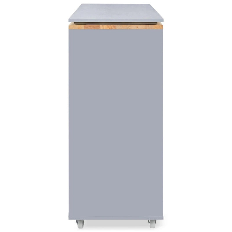 Desserte de cuisine en bois d'hévéa avec abattant, table extensible, 2 portes vitrées cannelées, éclairage LED et prise électrique.