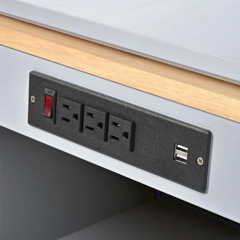 Desserte de cuisine en bois d'hévéa avec abattant, table extensible, 2 portes vitrées cannelées, éclairage LED et prise électrique.