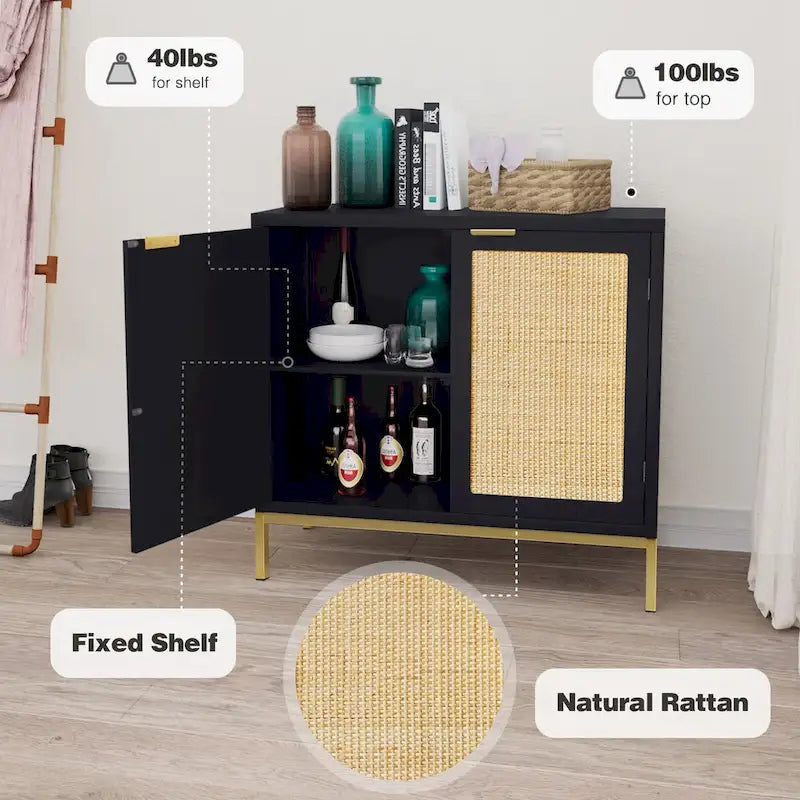 Buffet/meuble d'appoint Anmytek style moderne milieu du siècle en bois et rotin noir avec 2 portes