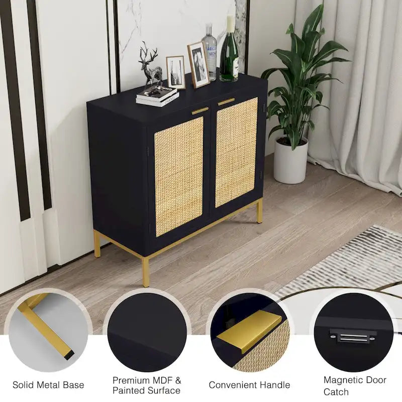 Buffet/meuble d'appoint Anmytek style moderne milieu du siècle en bois et rotin noir avec 2 portes